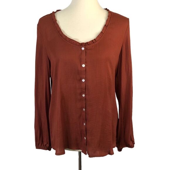 Dolan Left Coast Collection Blouse Top Long Sleeve Ruffle Neck Rust Size Medium - Picture 1 of 11